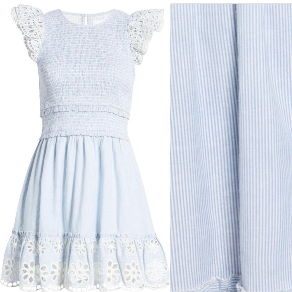 SAYLOR NWT Smocked Mini Dress Size Large Blue Pinstripe Eyelet Coquette Preppy - Picture 12 of 12